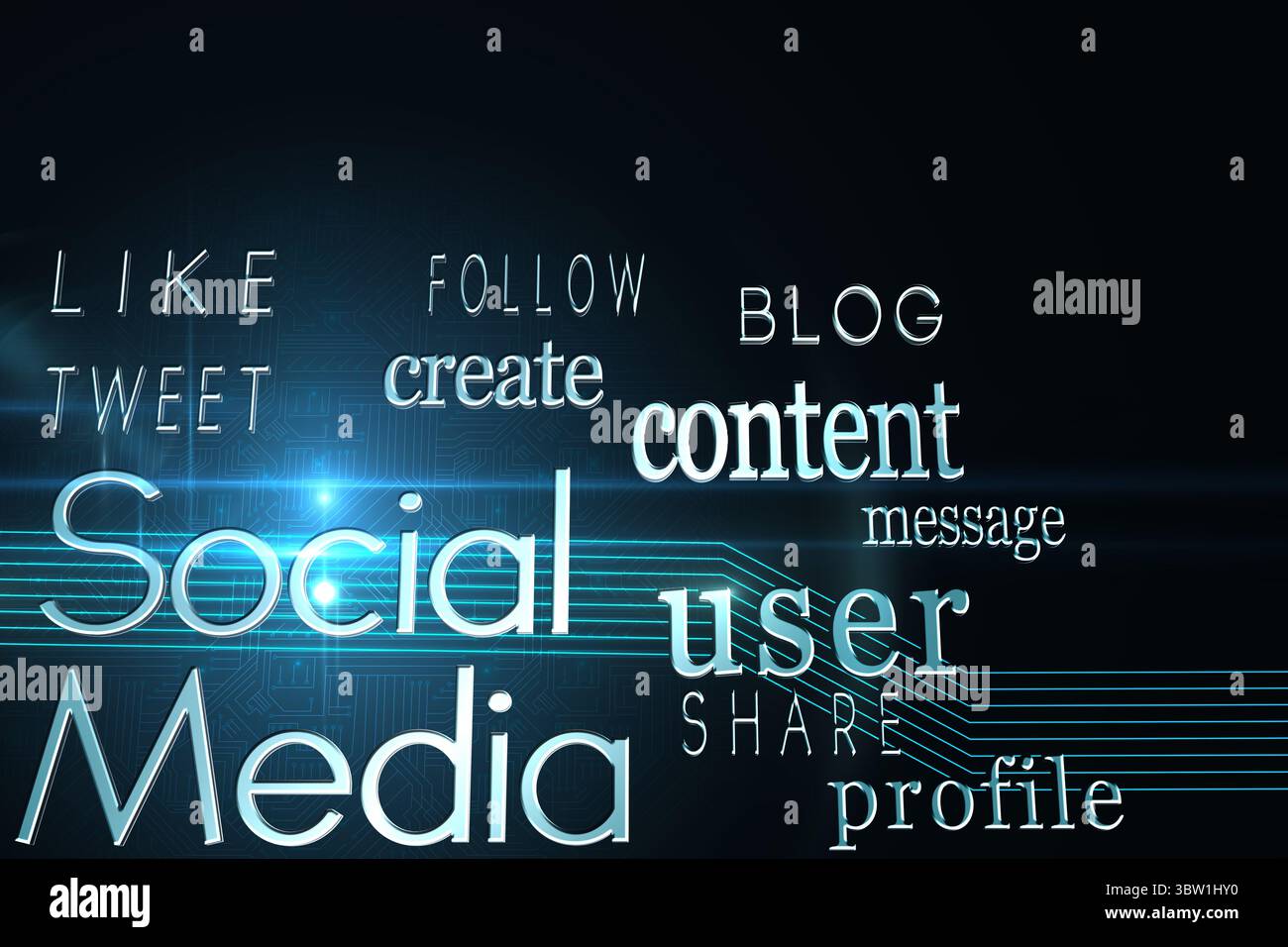 Social media buzzwords on black background Stock Photo