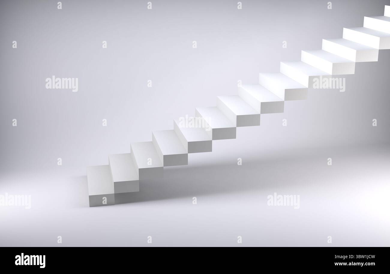 White floating stairs are ascending diagonally in flat minimalist design with gradient background Stock Photo