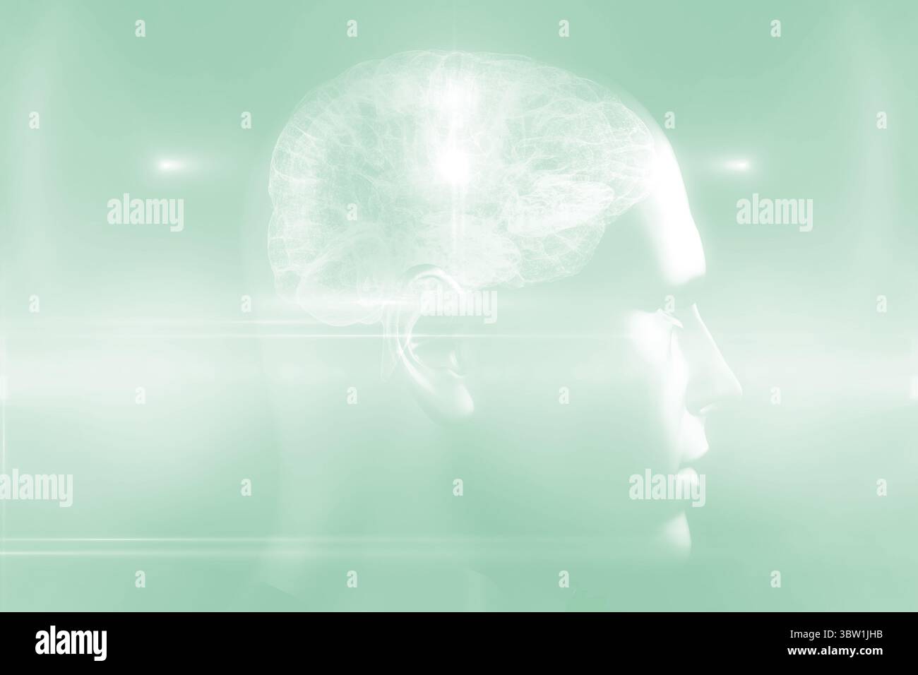 Human brain in green lights Stock Photo