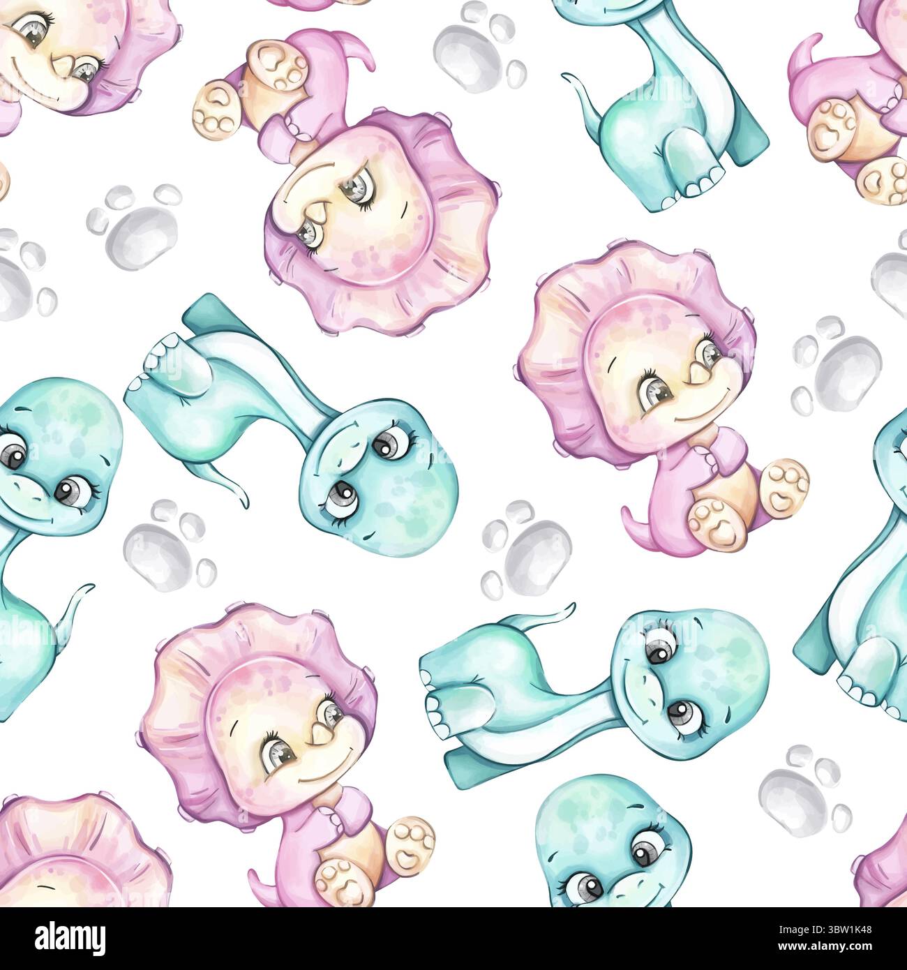 Cute watercolor seamless pattern featuring playful cartoon dinosaurs and flowers, perfect for background or wallpaper use in various crafts and Stock Vector