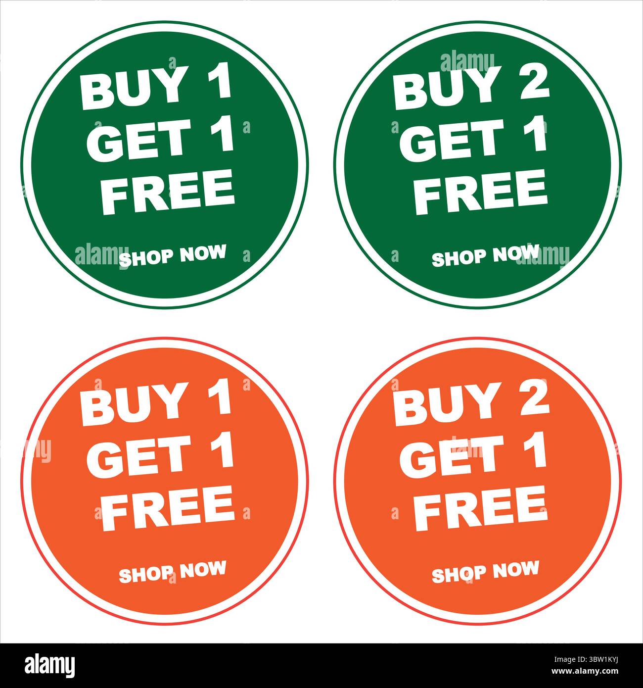 Buy 1 Get 1 Free and Buy 2 get 1 free promotion discount banner. Circle ...