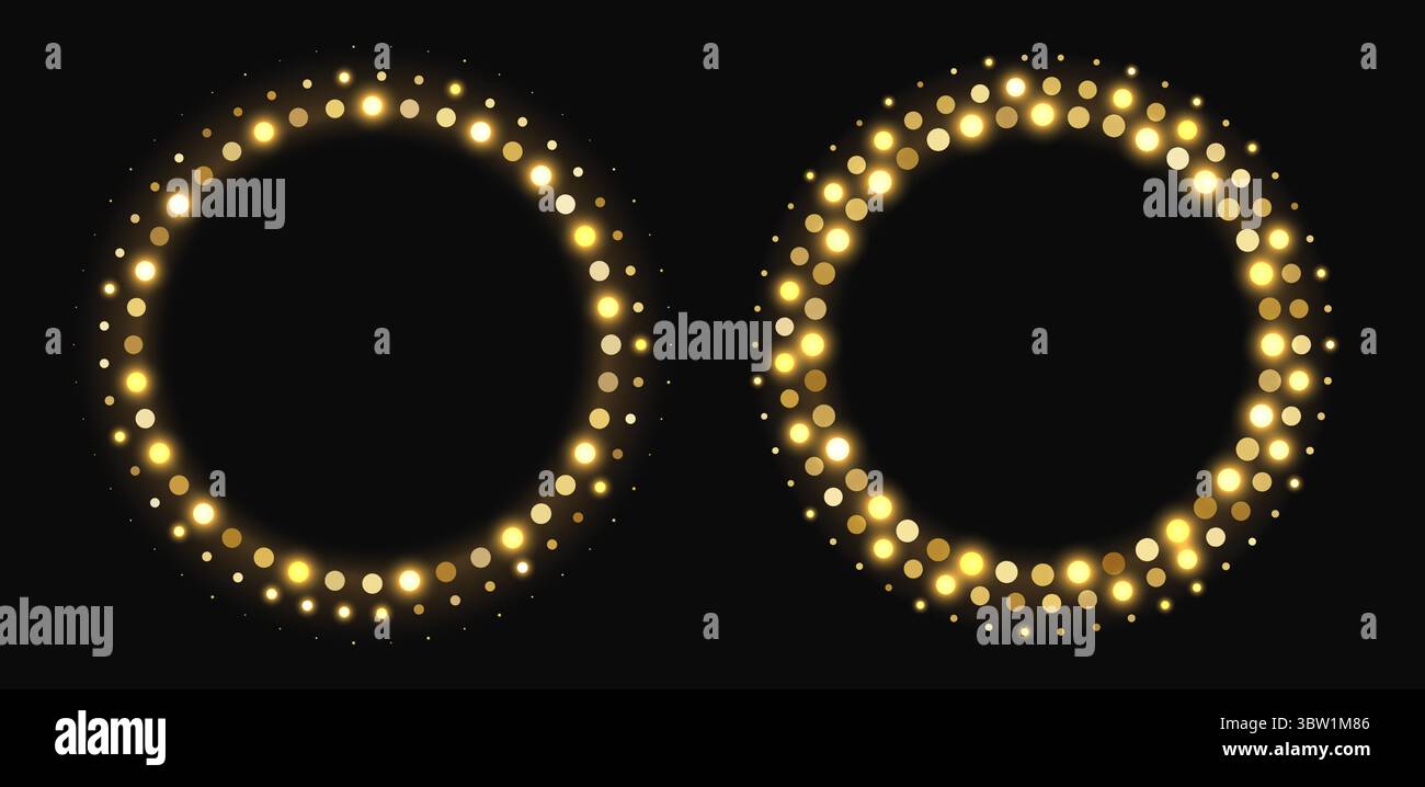 Golden halftone frames, glowing circle borders, round pattern with dots, radial disco luxury design element. Stock Vector