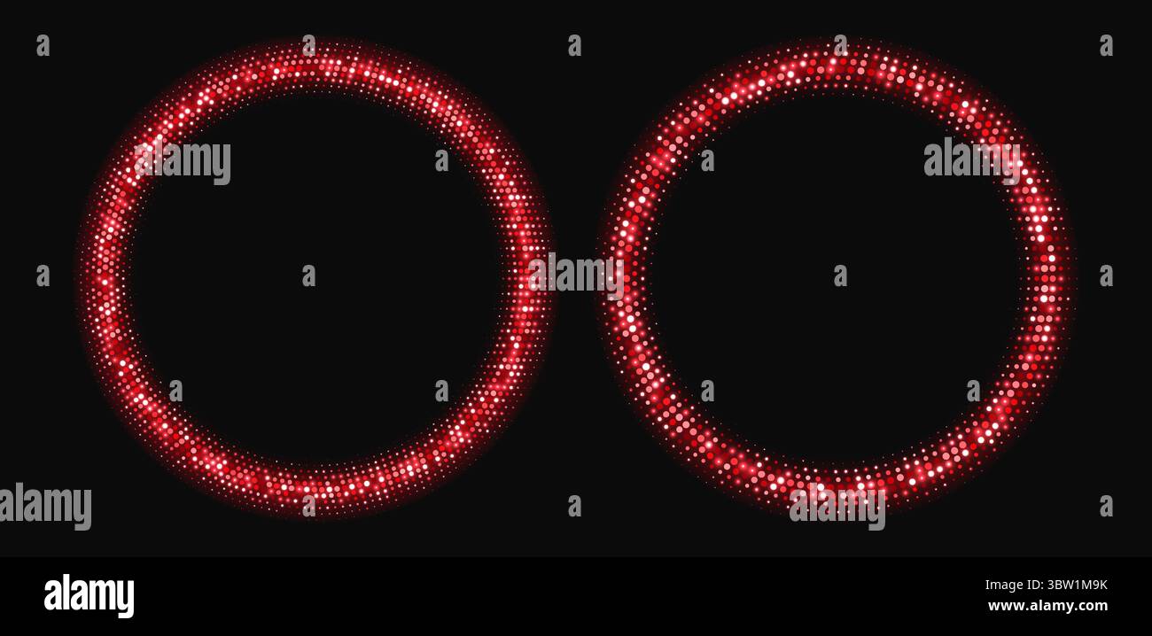 Red halftone frames, glowing circle borders, round pattern with dots, radial disco luxury design element. Stock Vector