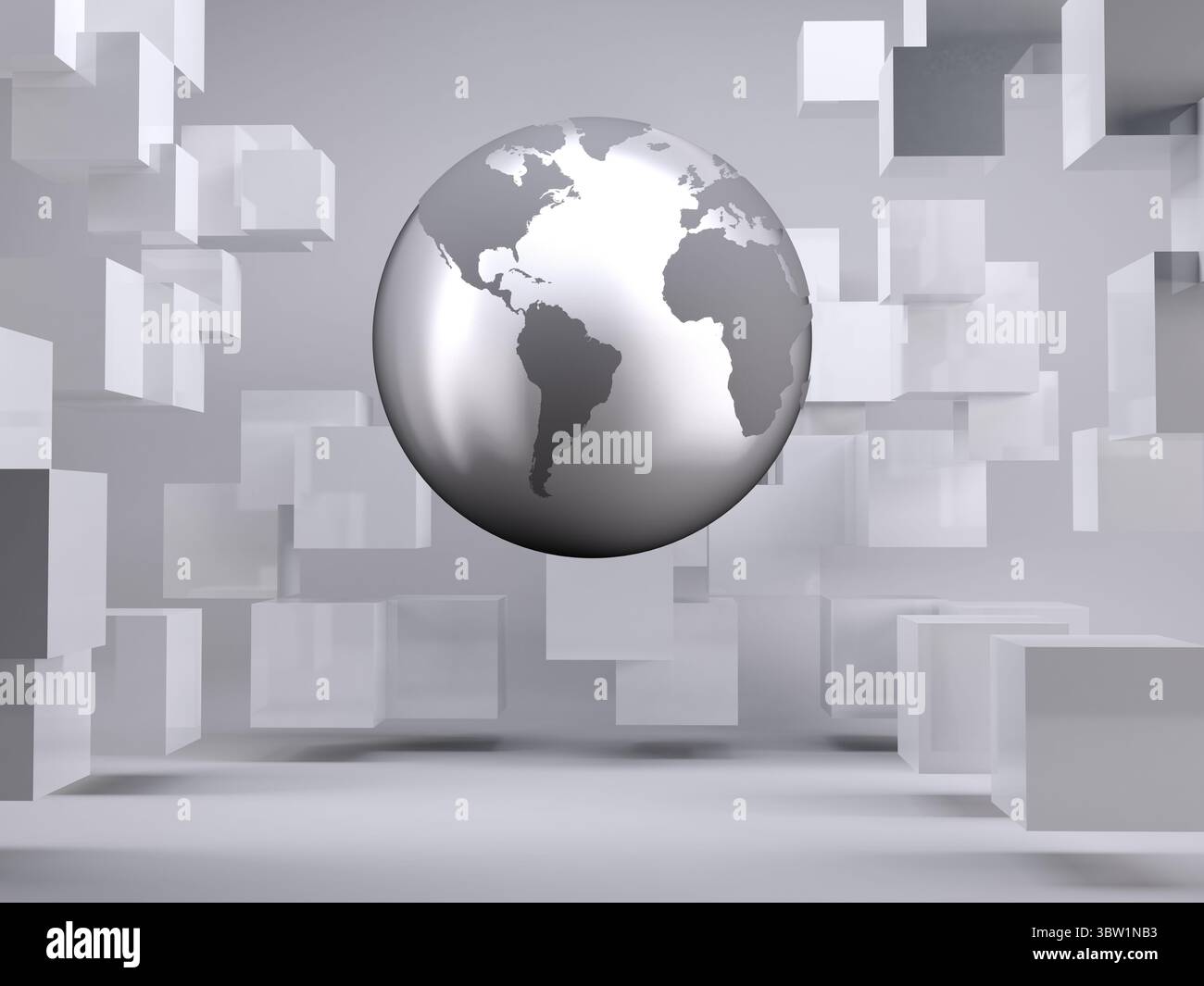 Planet floating in grey room with cubes Stock Photo