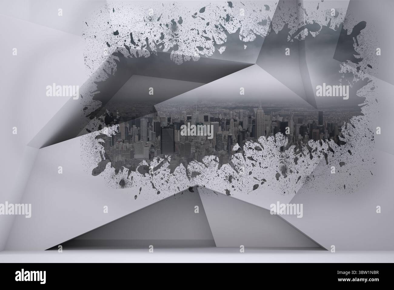 Paint-splatter portal is revealing distant city skyline in 3D render ...
