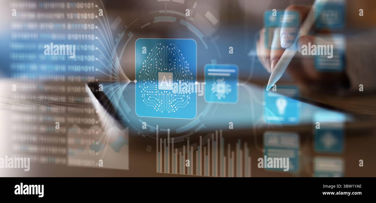 Artificial Intelligence and Data Processing Interaction on a Digital Touchscreen Interface. Stock Photo