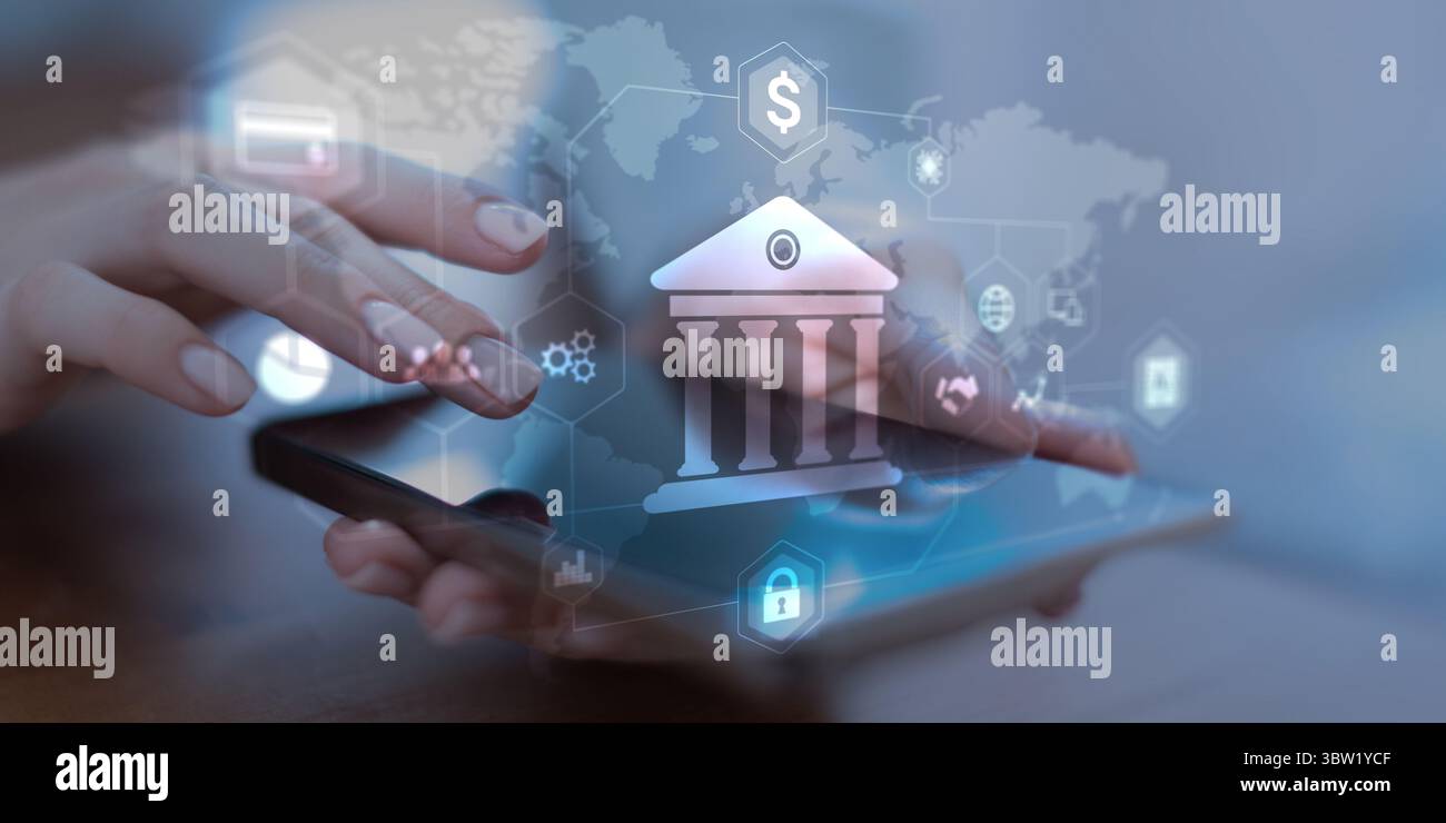 Digital Banking and Financial Services Platform with Global Network Visualization. Stock Photo