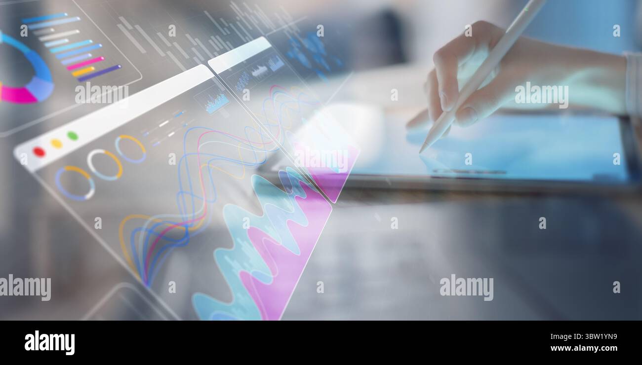 Interactive Data Analytics Dashboard with Business Charts Displayed on Digital Tablet. Stock Photo