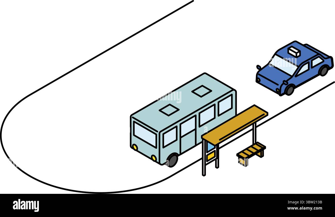 Isometric line art of a rotary with bus stop, parked bus and taxi in ...