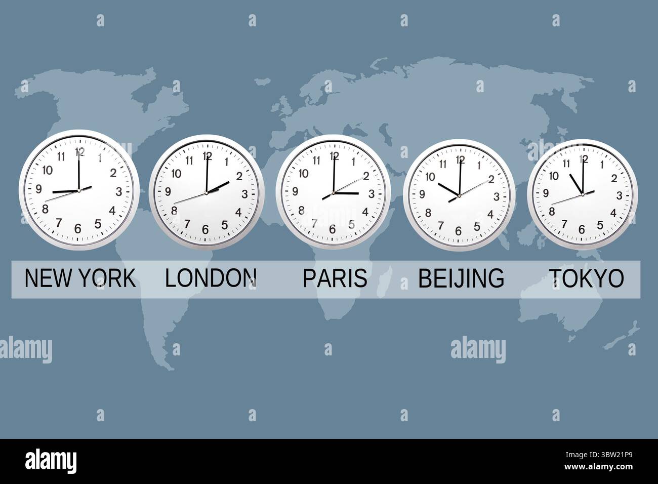 world map and wall clocks with hour in important cities Stock Photo