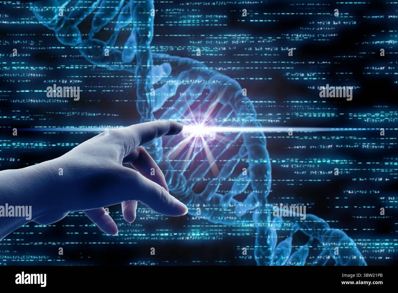 hand touching glowing DNA strand, symbolizing genetic engineering and biotechnology innovation Stock Photo