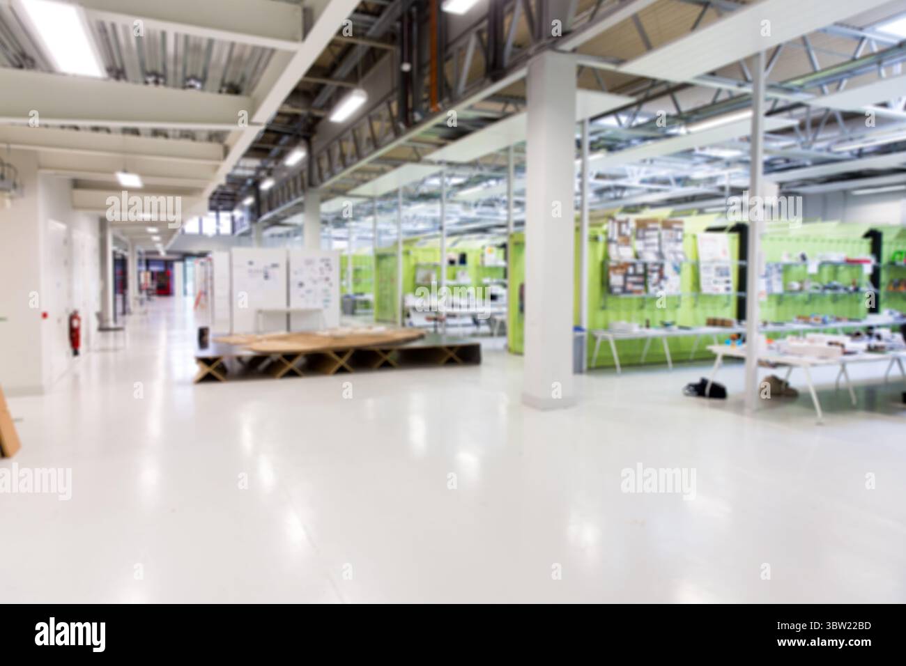 Flat design illustration is showing wooden platform in workshop with green partitions Stock Photo
