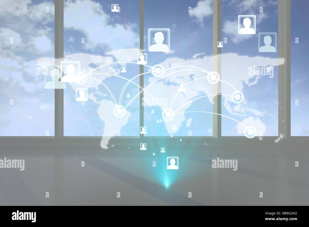 Flat design global network map is projecting on office windows, showing translucent nodes and lines Stock Photo