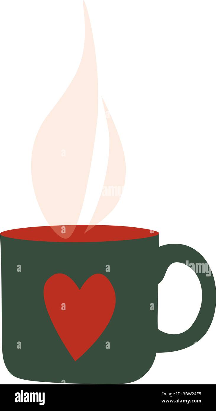 Hot steaming drink in cute green cup with heart shape. Autumn or winter tea or coffee beverage. Stock Vector