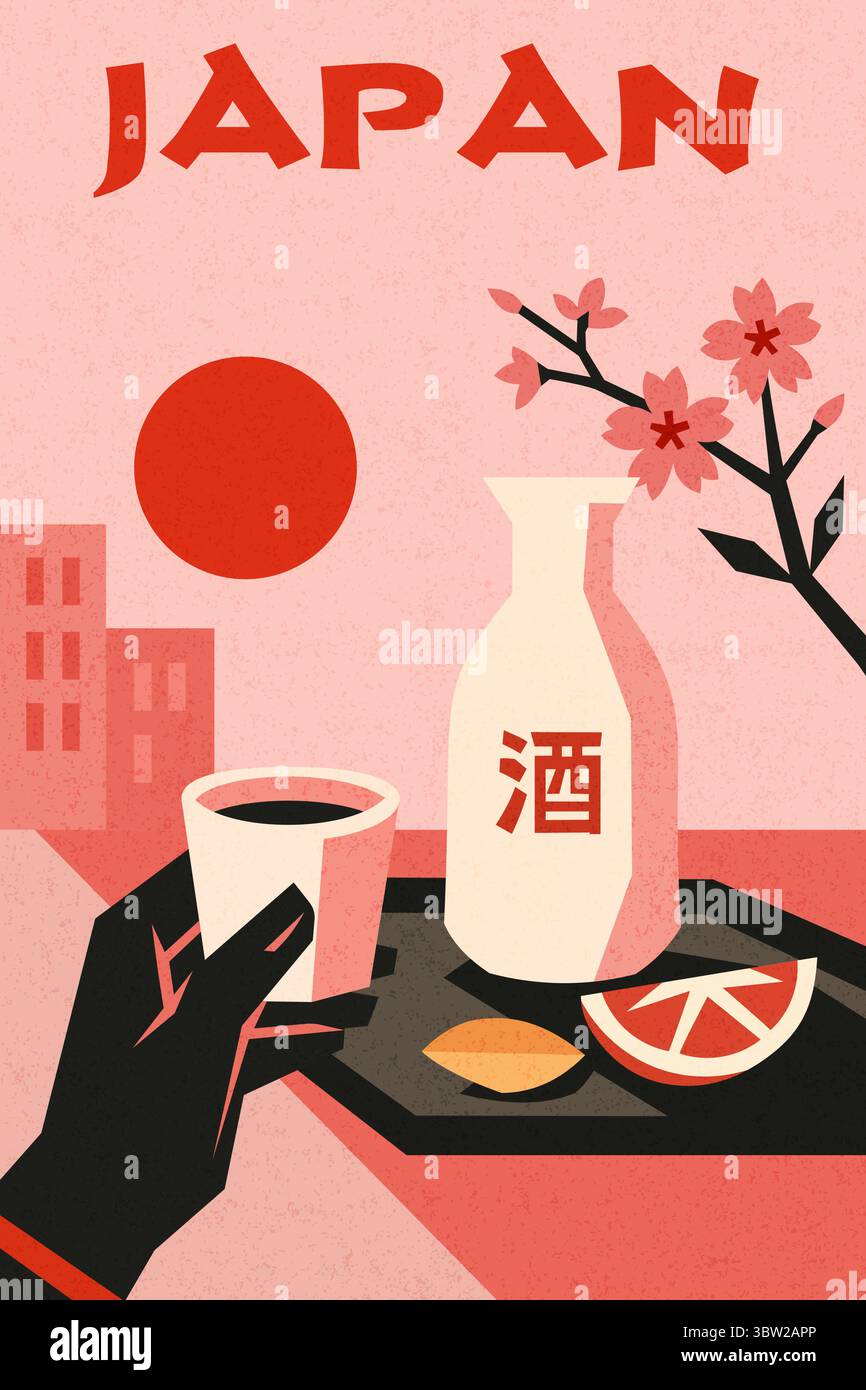 Hand holding a cup of sake. traditional Japanese drink in modern geometric style with sakura, sun and architecture in background Stock Vector