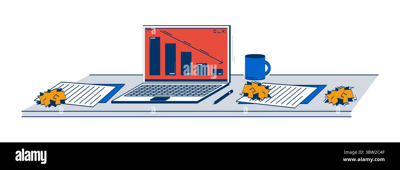 Cluttered desk with declining bar chart on laptop 2D doodle object Stock Vector