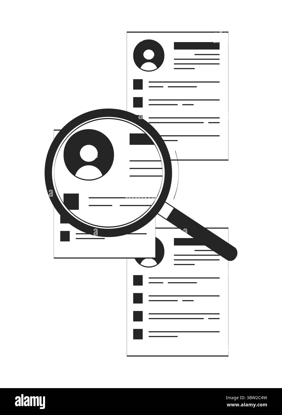 Candidate search with magnifying glass over resumes doodle linear object Stock Vector