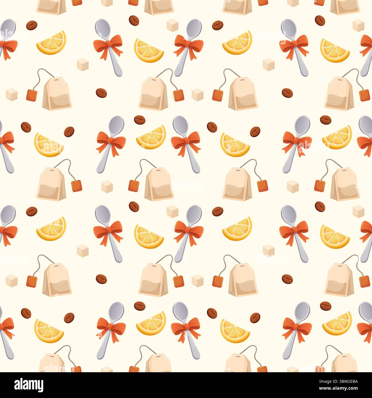 seamless pattern for website menu with teaspoon, sugar, lemon and tea bag Stock Vector