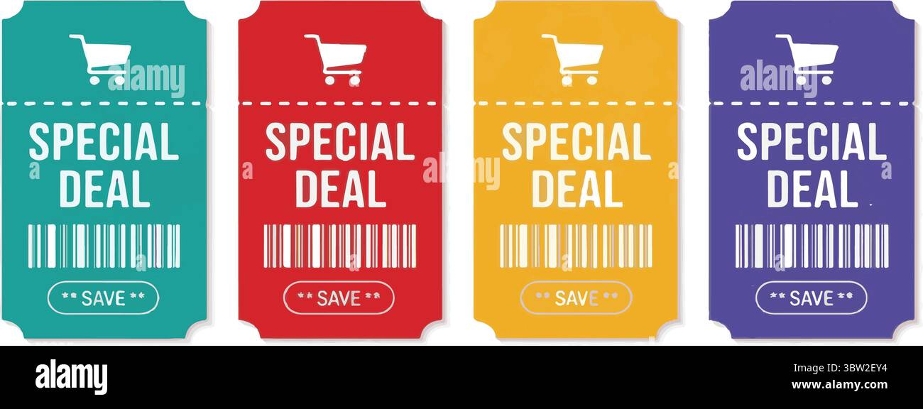 Four colorful discount coupons with text SPECIAL DEAL Stock Vector