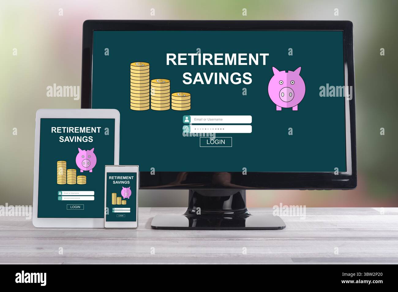 Retirement savings concept shown on different information technology devices Stock Photo