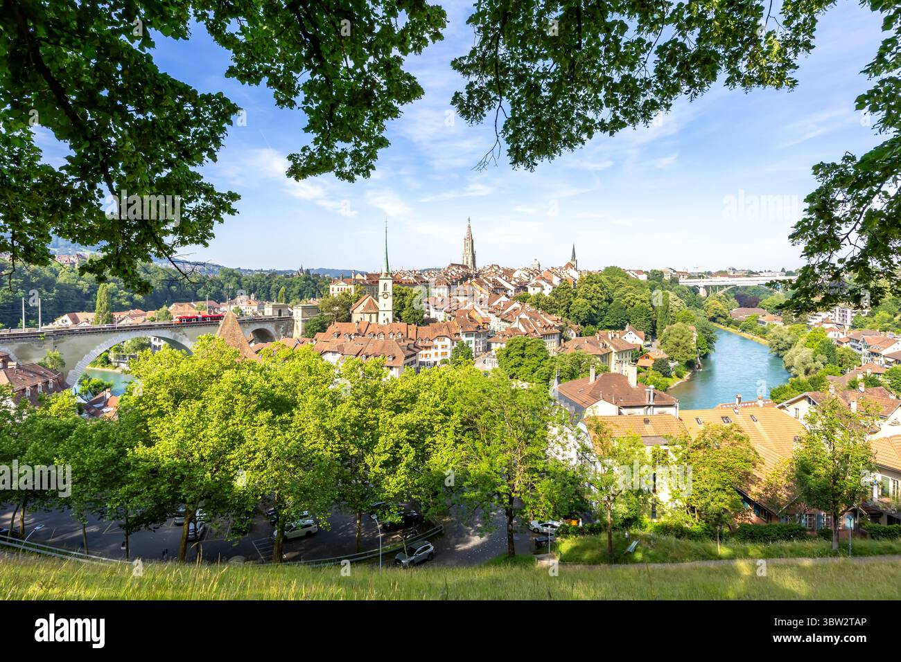 Bern city town on the river Aare old town with church Berner Munster in Switzerland Stock Photo