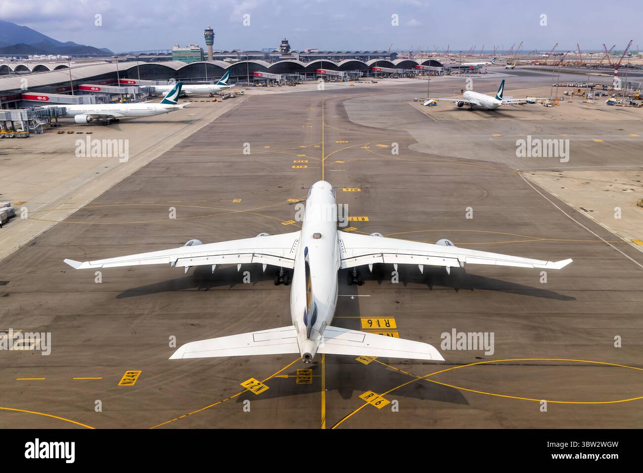 Hong Kong, China - April 7, 2024: Lufthansa Airbus A340-600 airplane at Chek Lap Kok Airport in Hong Kong, China. Stock Photo