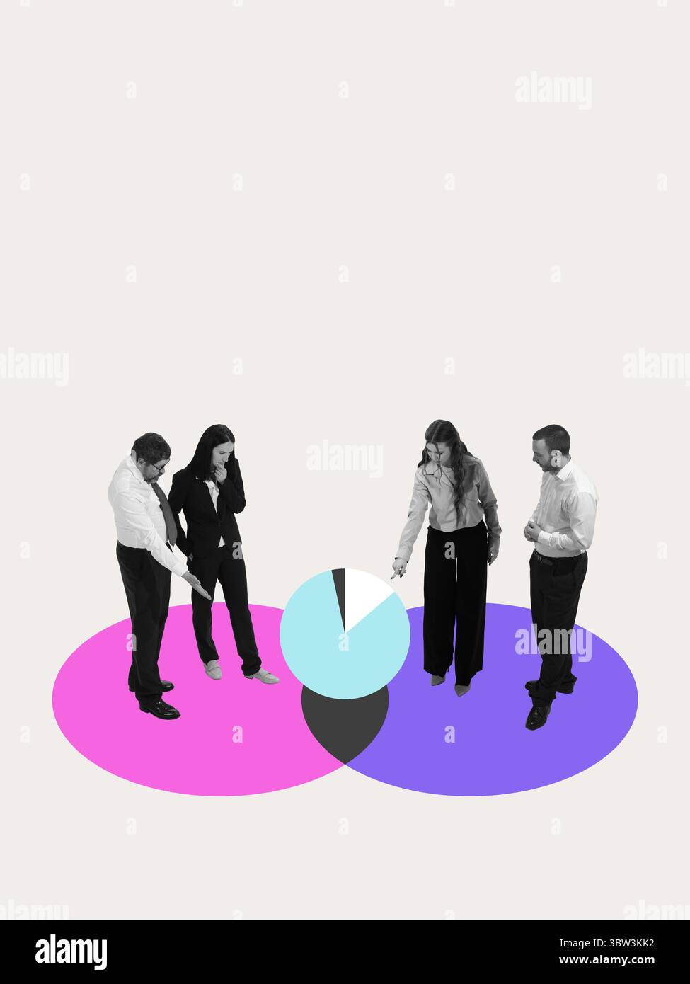 Collage-style group discussing pie chart on overlapping areas with ...