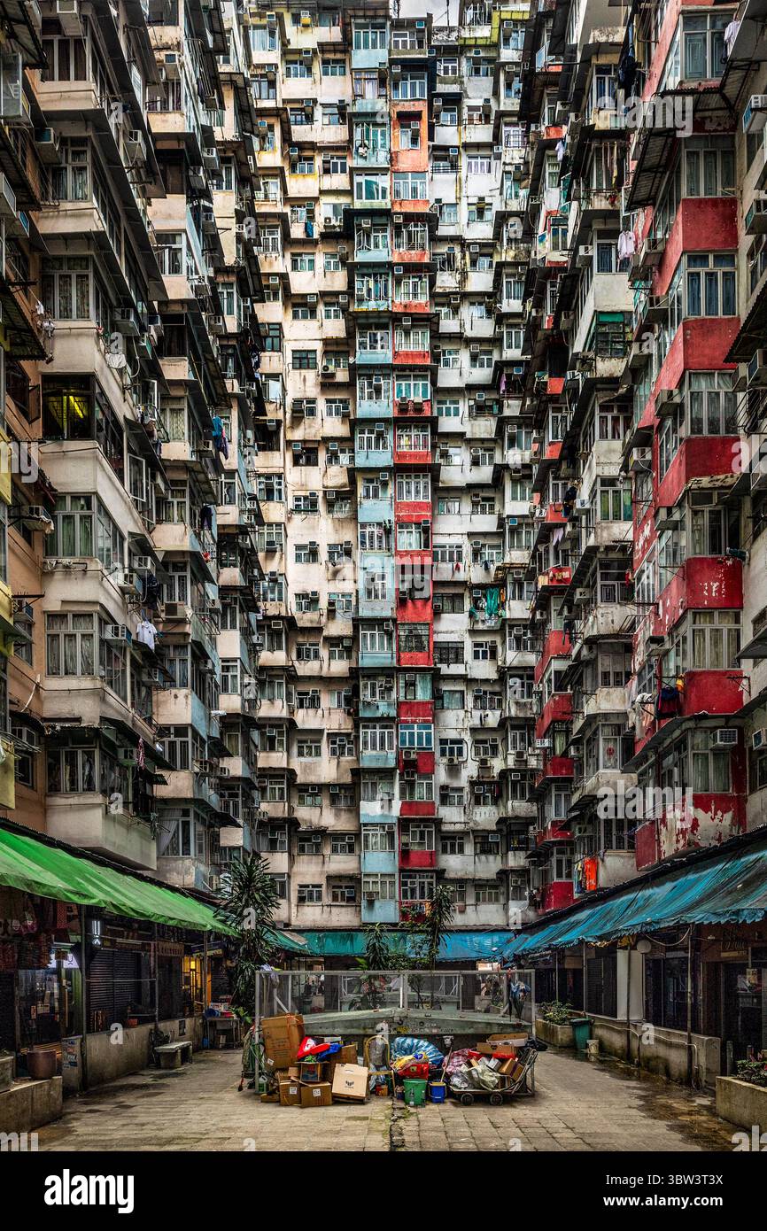 View of towering residential buildings with vibrant colors and dense ...