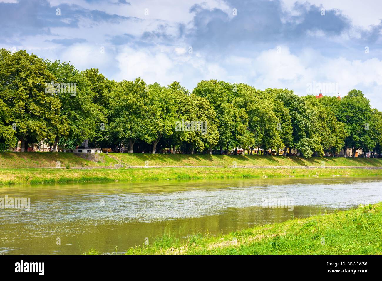 embankment of a river uzh in summer. longest linden alley in europe on a sunny day. view of lush trees near water under blue sky with clouds. beautifu Stock Photo