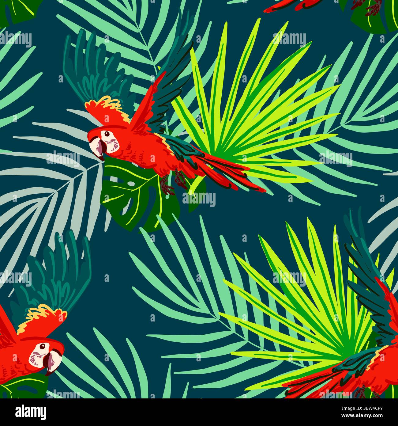 Seamless tropical pattern with flying parrots and jungle leaves on a ...