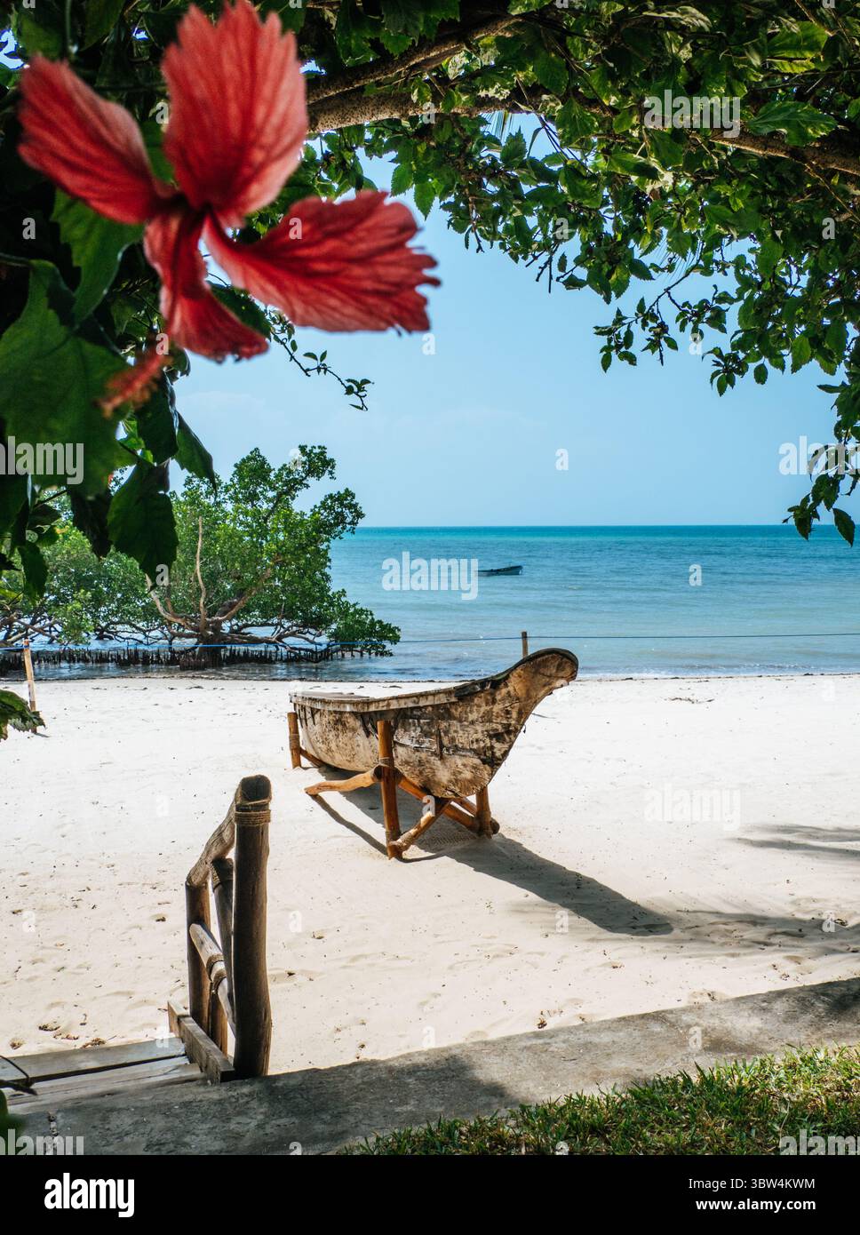 Boat anchoring at beach in Zanzibar Stock Photo
