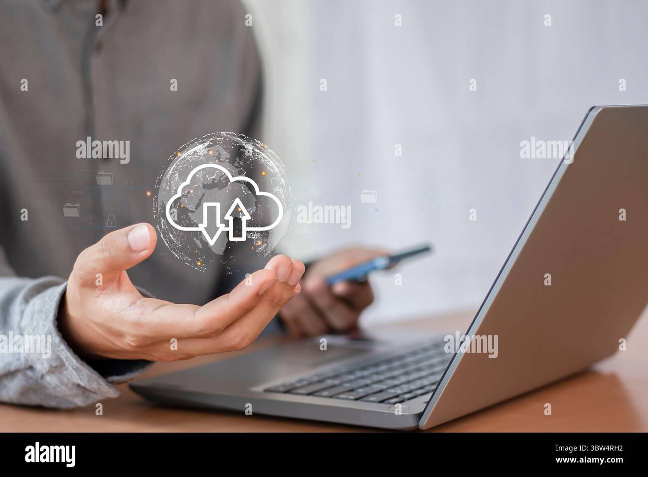 cloud computing shown in hand cloud technology data storage, data transfer, network and internet service concept Stock Photo