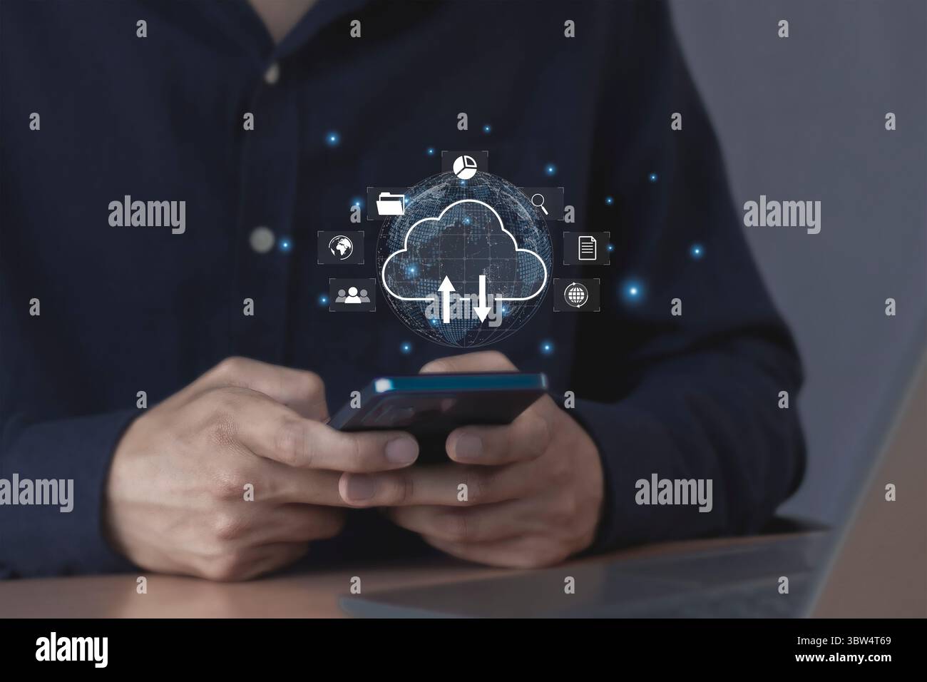 cloud computing shown in hand cloud technology data storage, data transfer, network and internet service concept Stock Photo