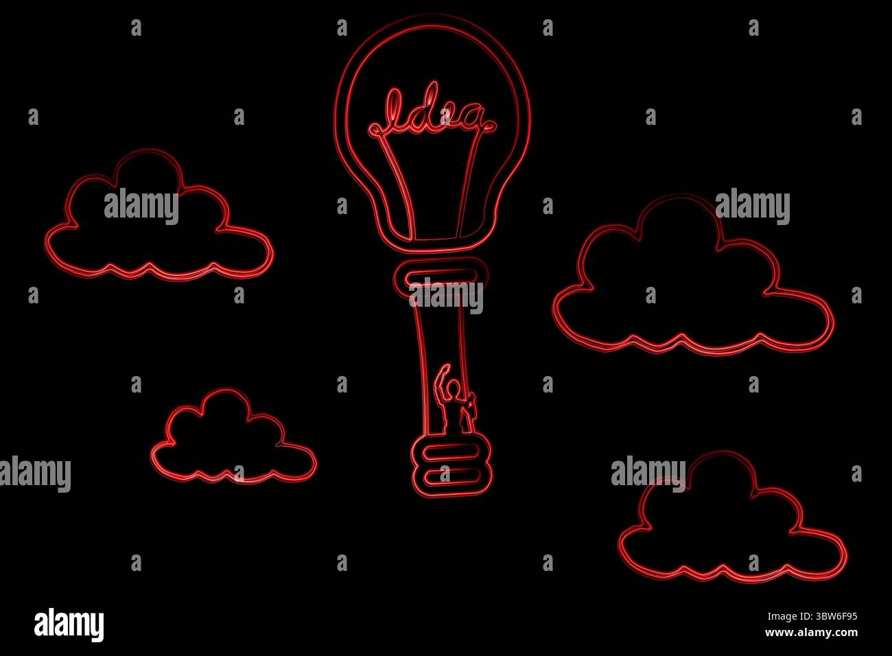 Illuminated light bulb imitating in hot air balloon flying in sky Stock Photo