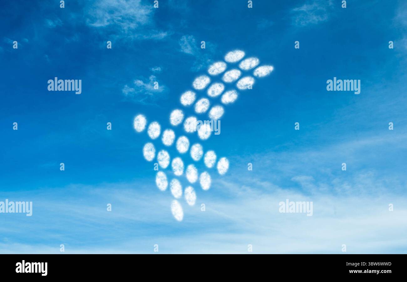 Cloud clusters forming arrow shape is pointing upward right in flat design with bright blue sky Stock Photo