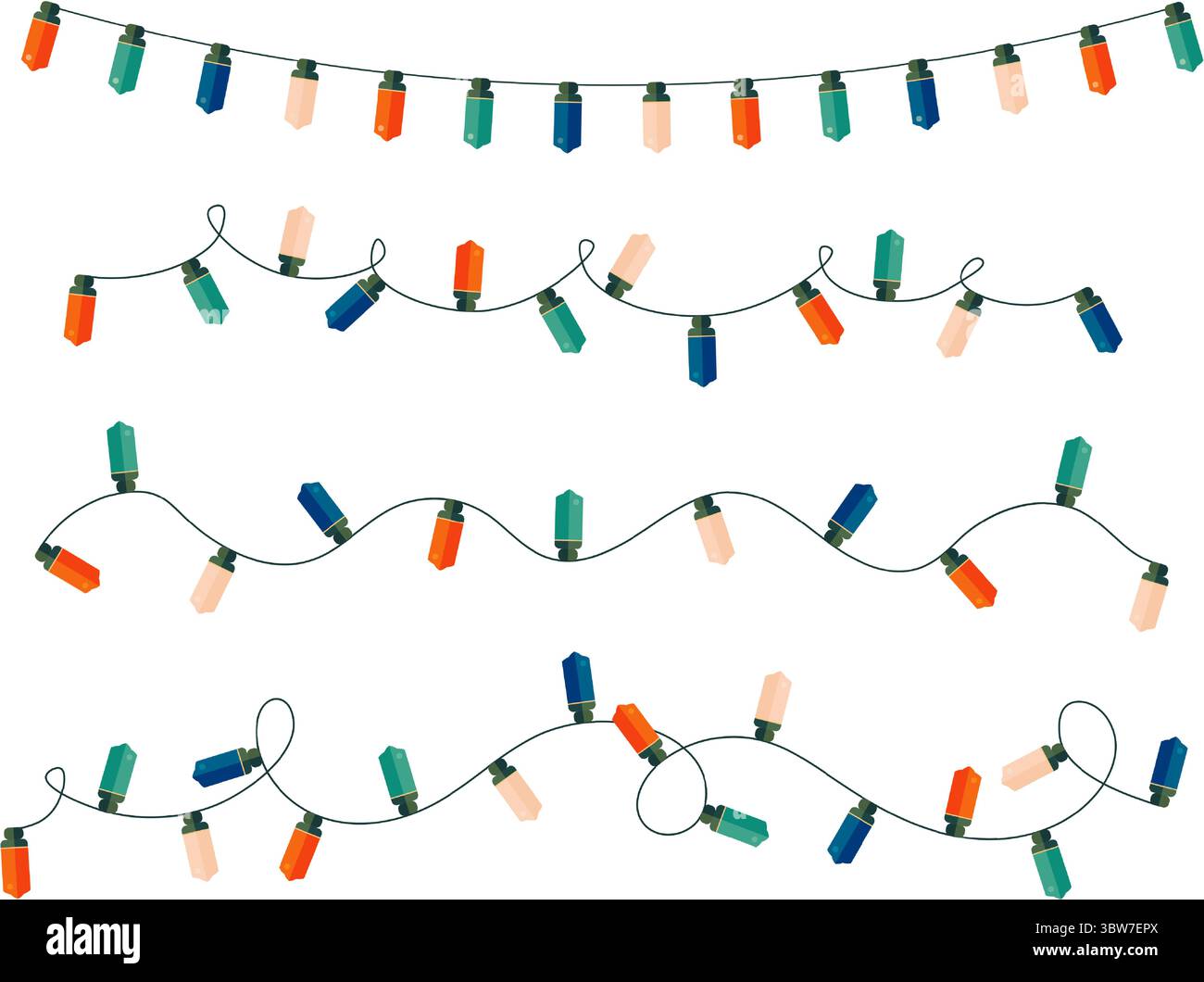 Horizontal curved Christmas light string stylized frame. Festive vector classic bulbs garland border. Stock Vector