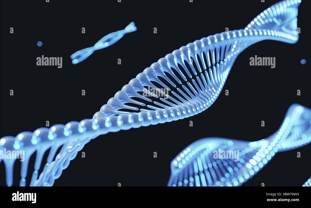 Blue helix DNA Chromosome genetic modification on black background. Science and medical concept. 3D illustration rendering Stock Photo