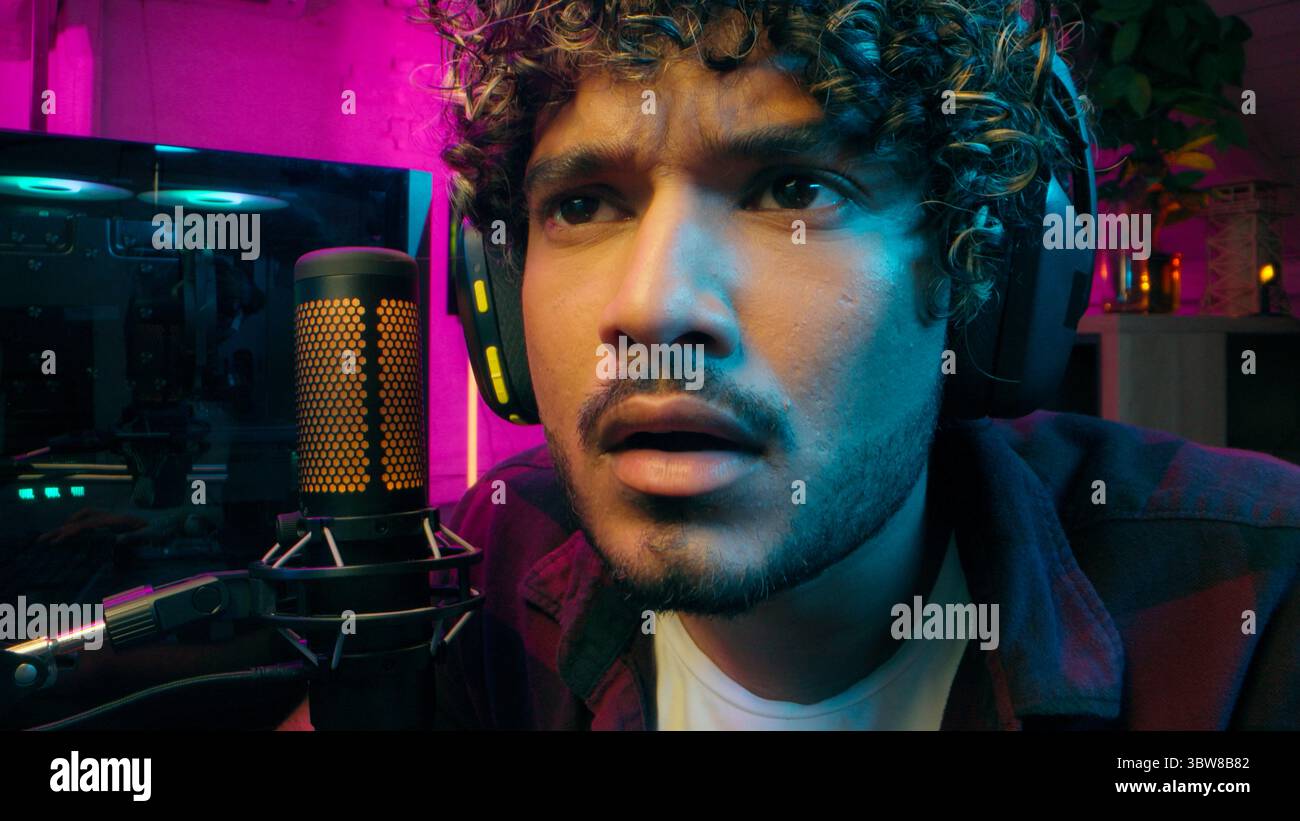 Close up face Latino Arabian man male streamer player gamer video game ...