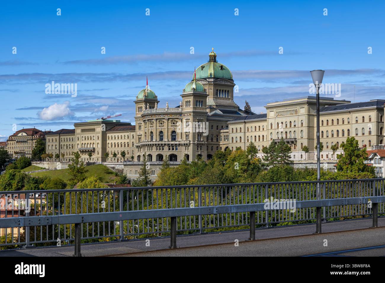 The Parliament Building (Bundeshaus) between the Federal Palace’s West Wing and East Wing in city of Bern, Switzerland. Stock Photo