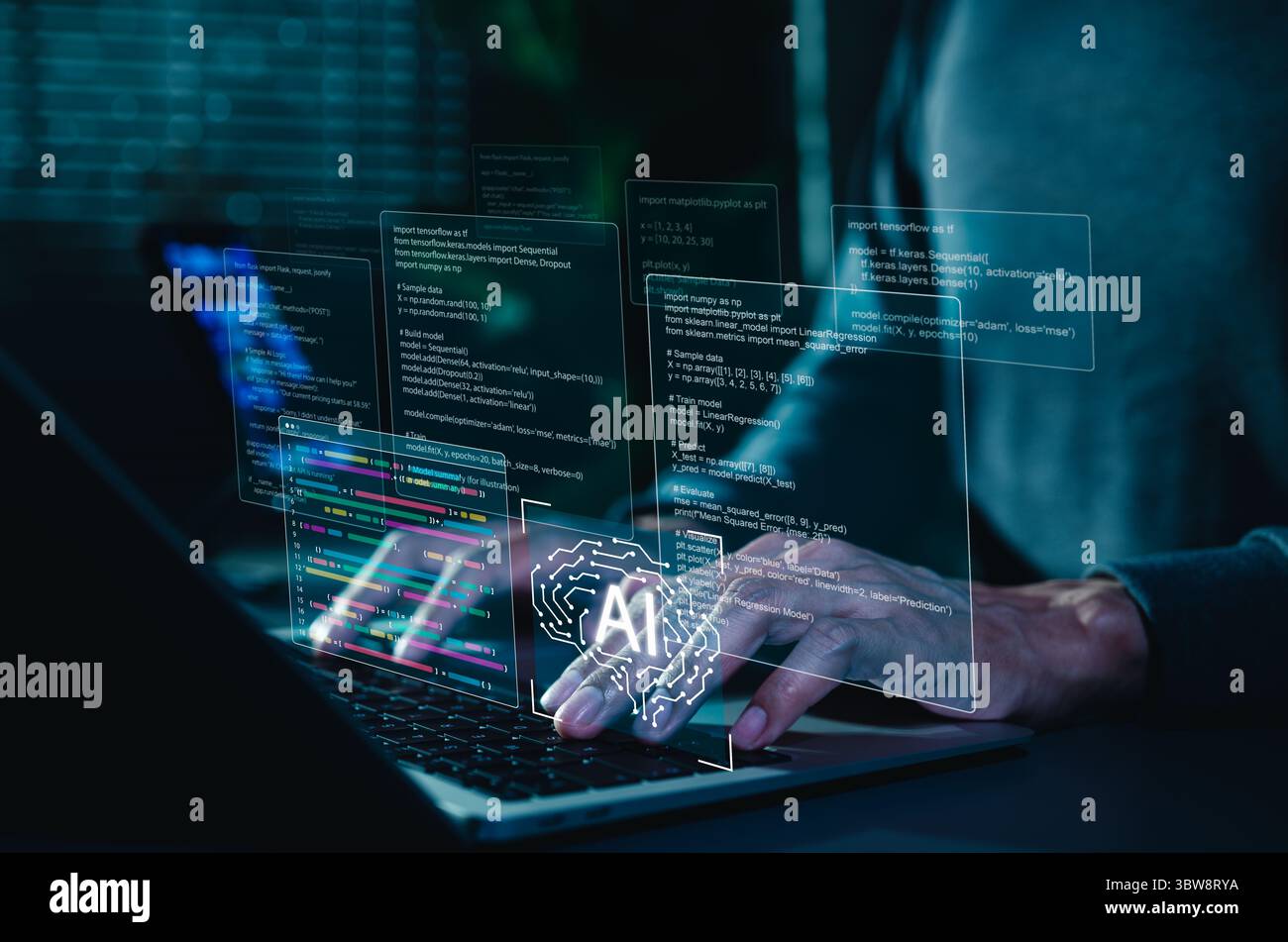 AI coding assistant for software development concept. Machine Learning Code, Programmer use laptop with code and AI brain Stock Photo