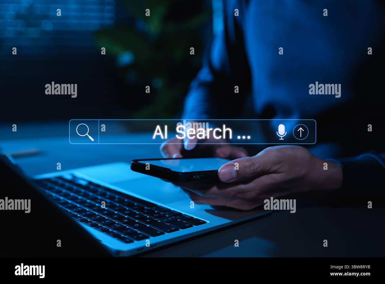 AI search engine technology concept. Man use smartphone with AI search bar interface representing artificial intelligence search technology, Stock Photo