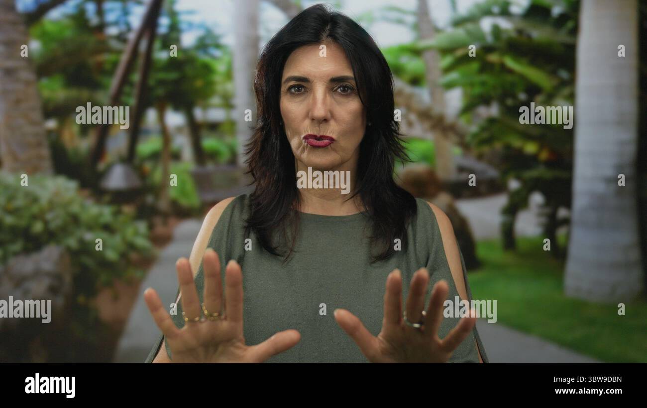 Woman holds open palms toward camera on a walkway in lush green park ...