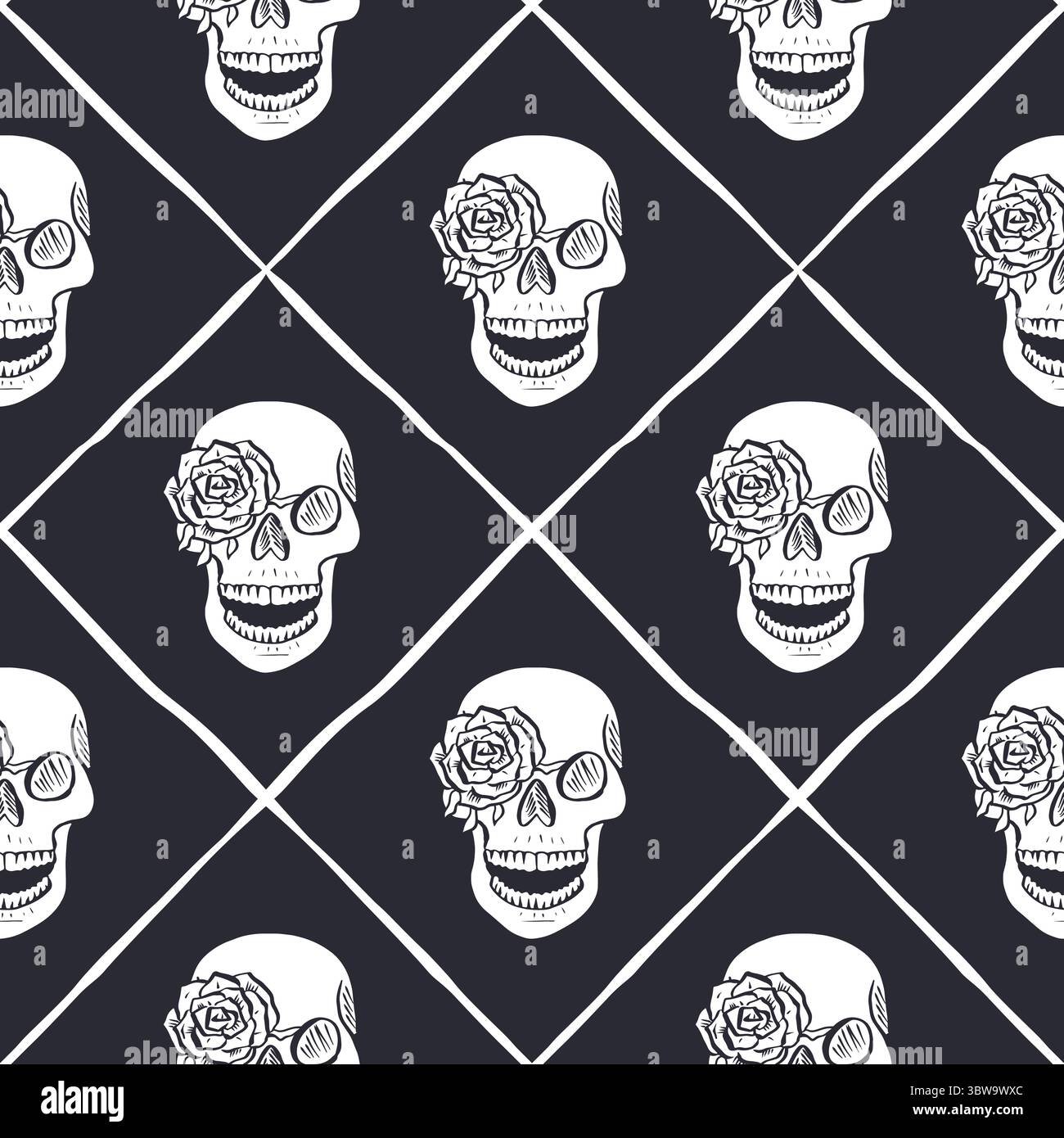 Seamless pattern with hand drawn black and white human skulls inside trellis Stock Vector