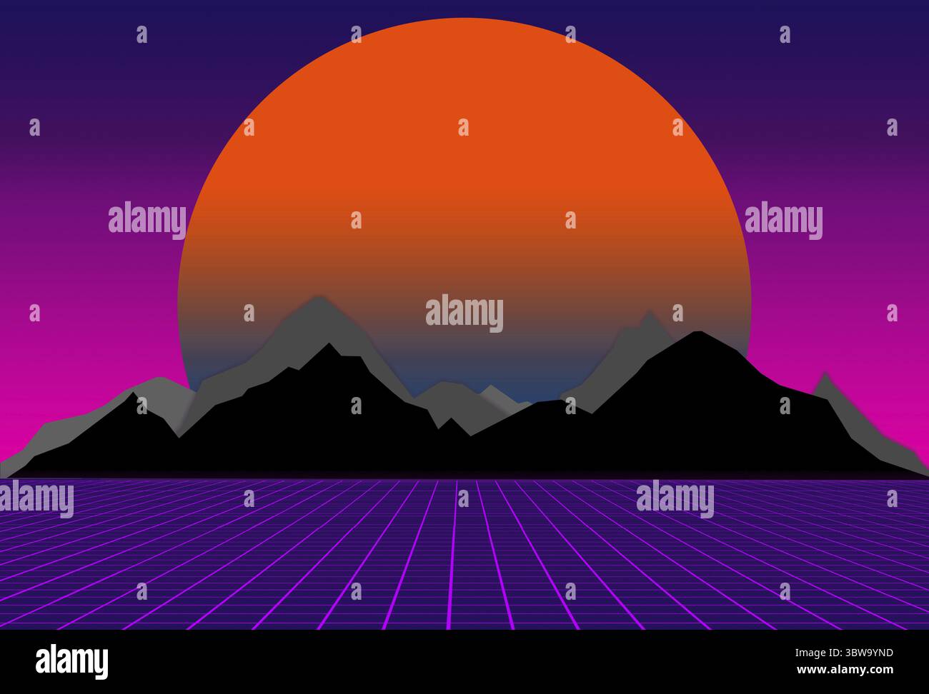80s style sci-fi, purple background with orange sunset behind black and gray mountains. futuristic illustration or poster template. Synthwave banner. Stock Photo