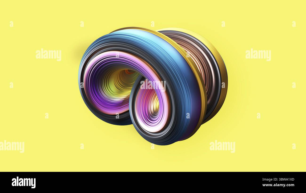 Abstract 3D spiral object on yellow background. Realistics rendering spiral shell. 3D illustration rendering Stock Photo