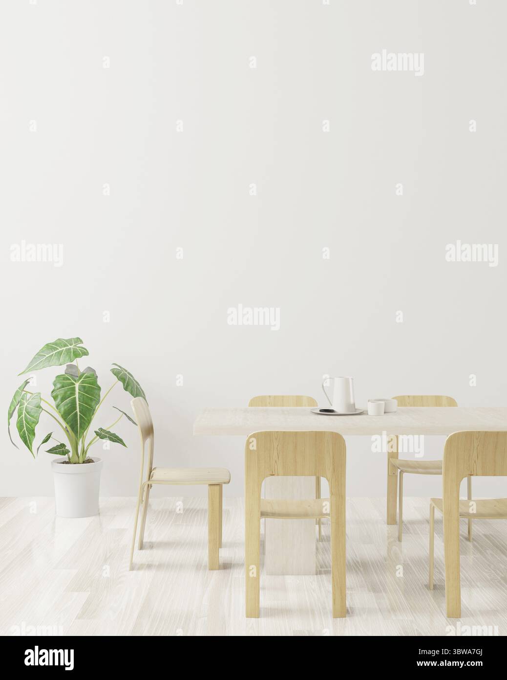 Dining room and table set copy space on white background, front view, white empty wall for mock up work, 3D rendering Stock Photo