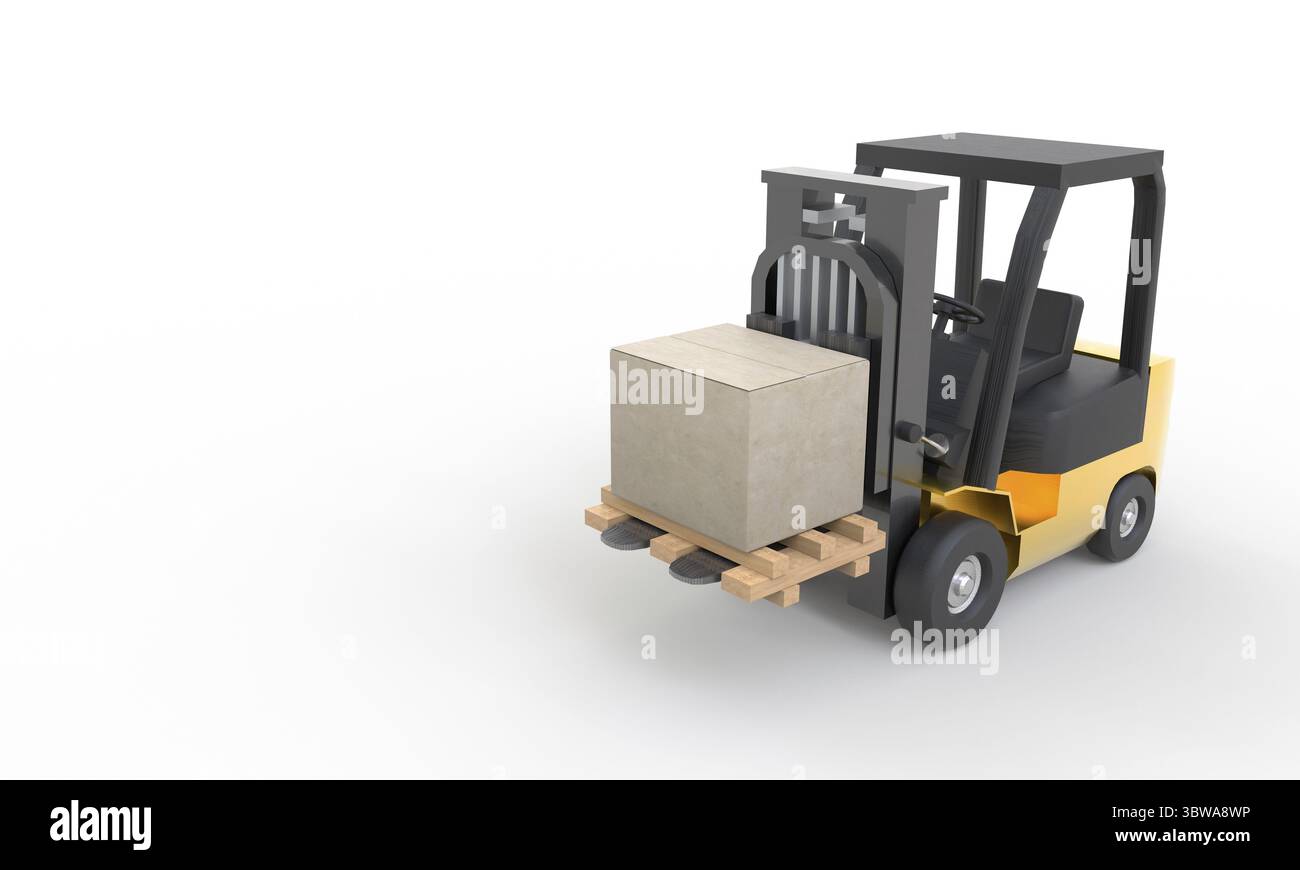 Yellow forklift moving and lifting up cardboard box pallet on white ...