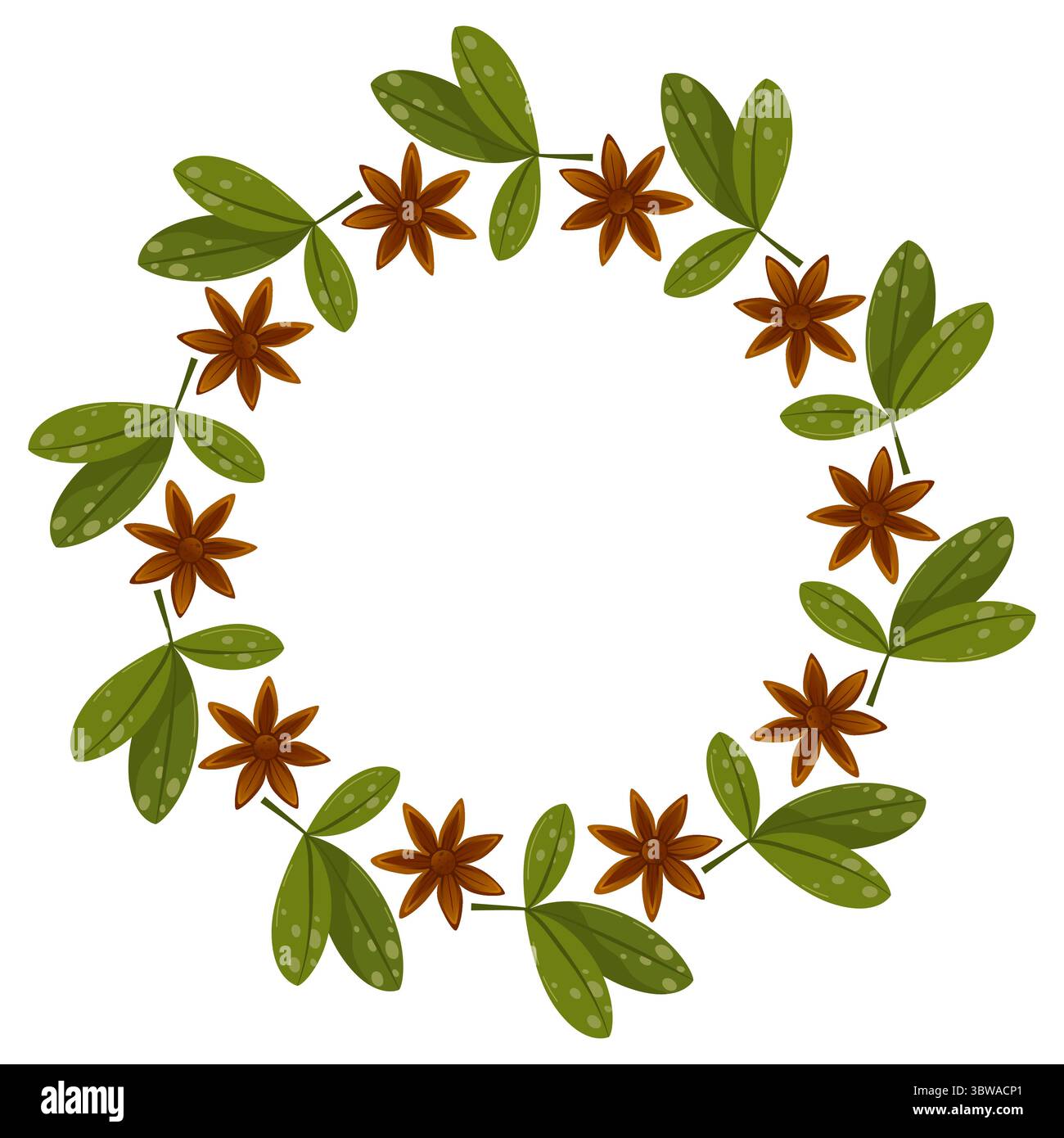 Vector round frame of cinnamon buns, mugs with hot drink, cinnamon, wreath. Illustration isolated on white background. Stock Vector