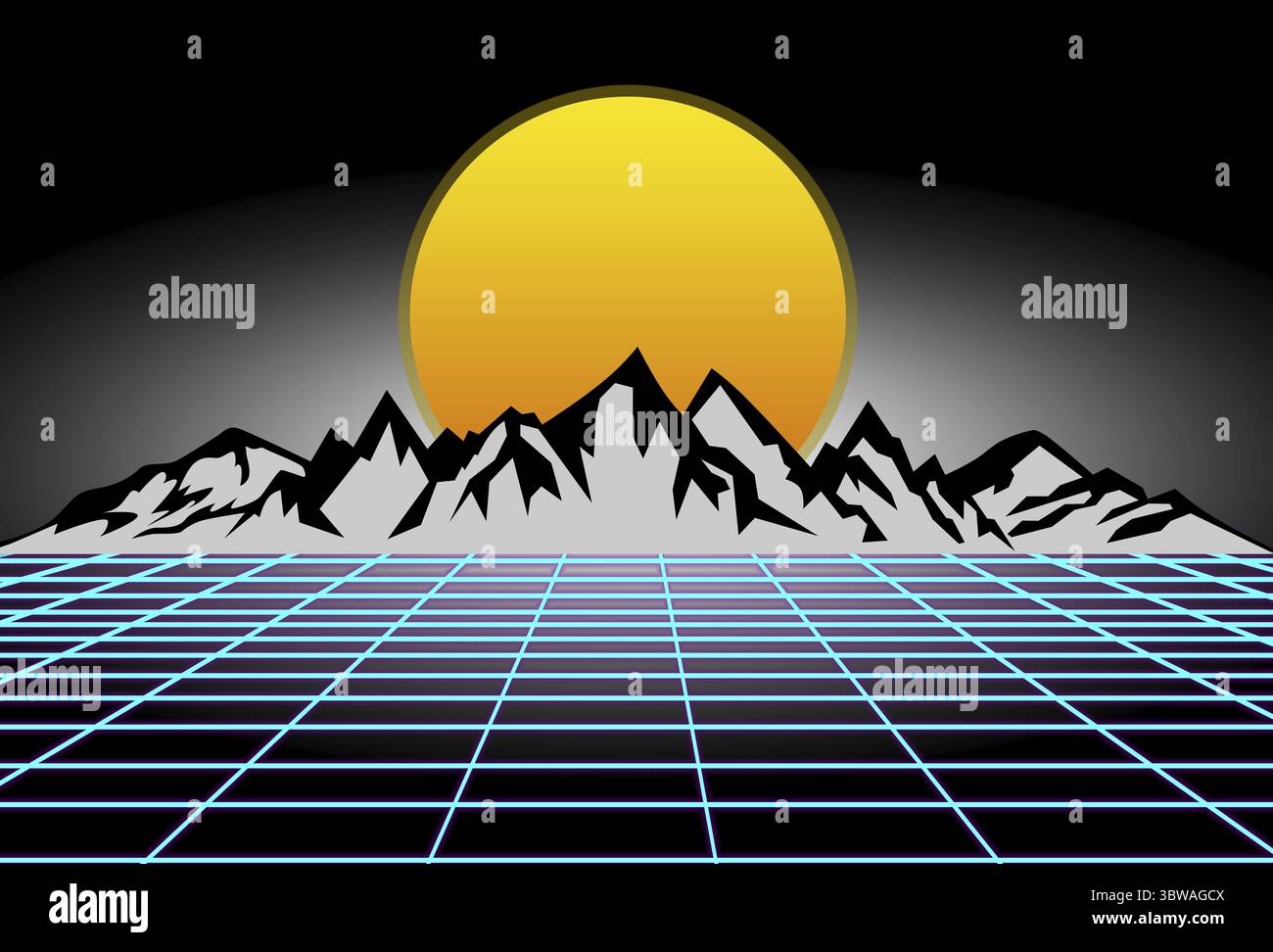 80s style sci-fi, black background with yellow sunset behind white mountains. futuristic illustration or poster template. Synthwave banner. Suitable f Stock Photo