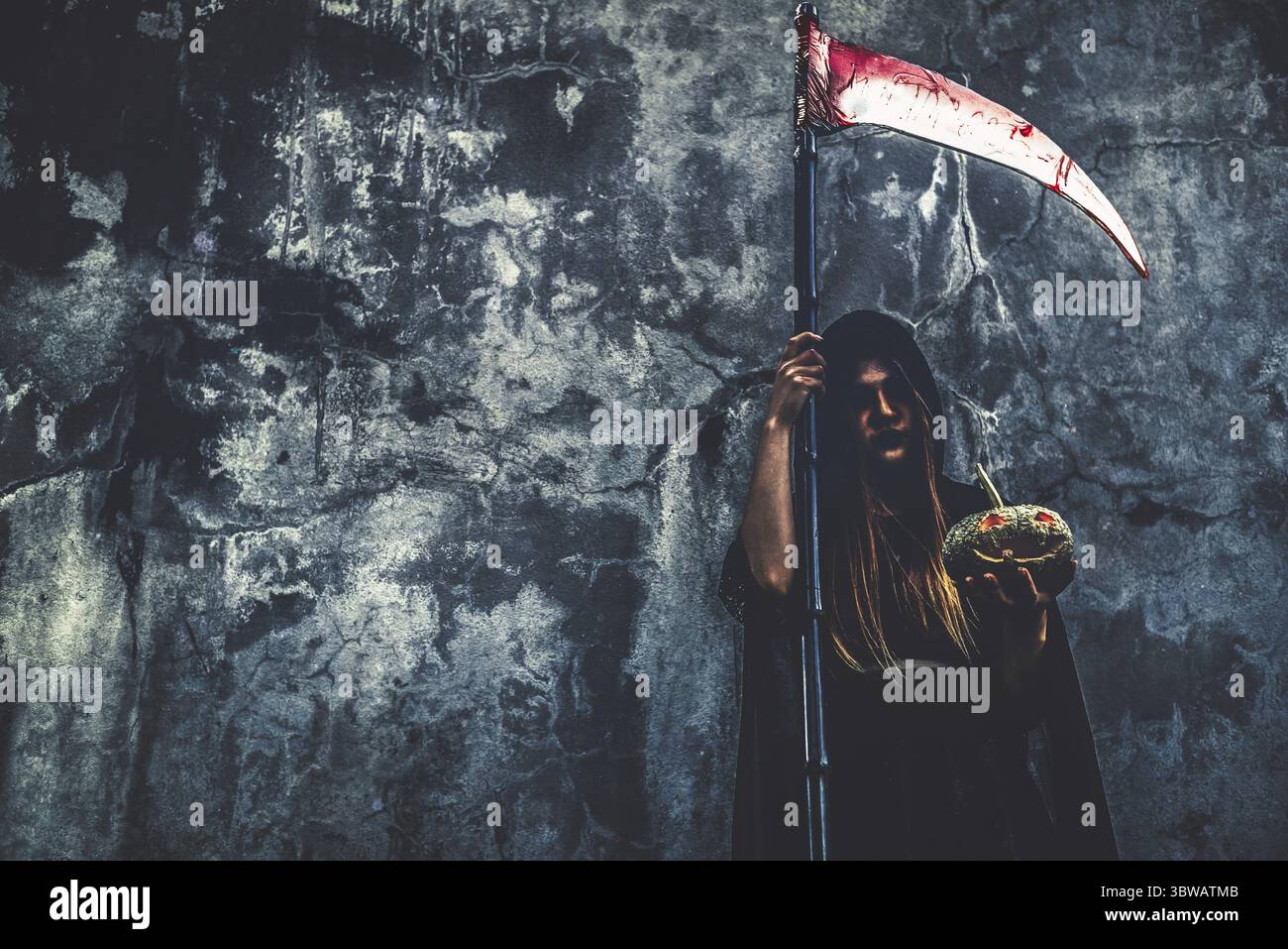 Demon witch with reaper on grunge wall background. Halloween and ...